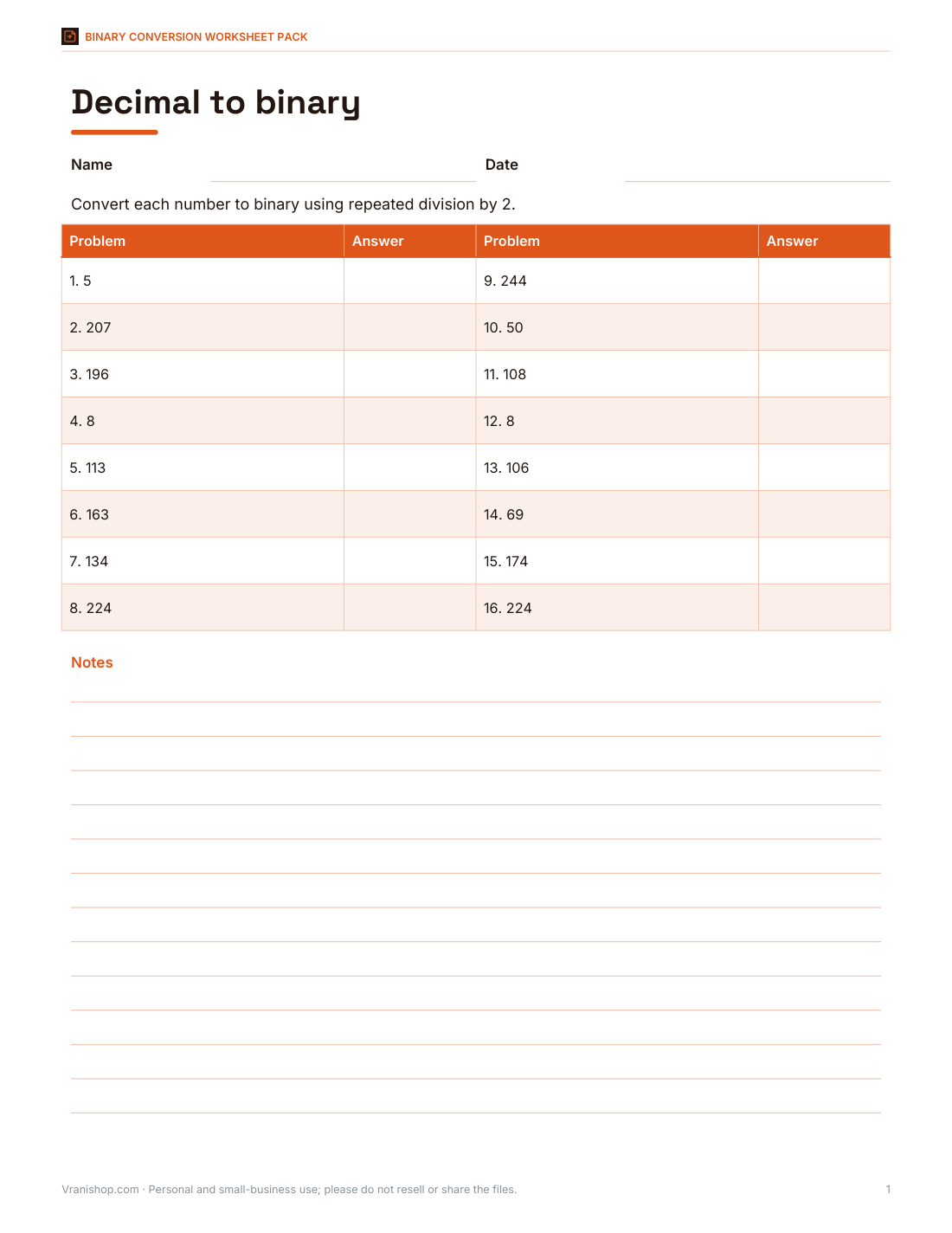 Preview of the first page of Decimal to binary (PDF/DOCX)