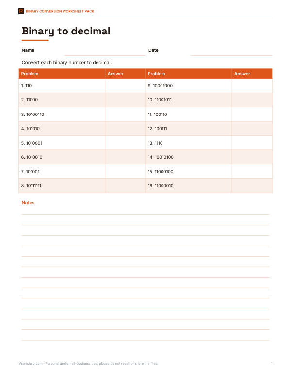 Preview of Printable Binary to Decimal Worksheet
