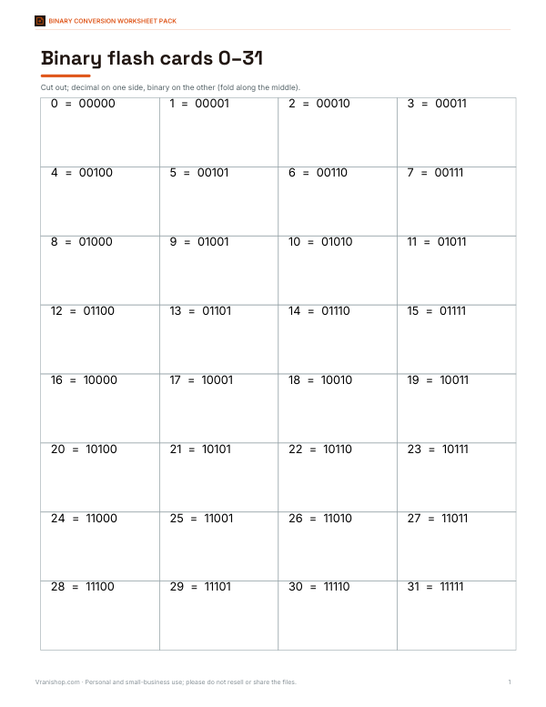 Preview of Printable Binary Flash Cards